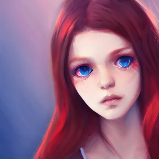 Image similar to a girl wearing casual clothes, red hair, blue eyes, highly detailed, digital painting, artstation, concept art, smooth, sharp focus, illustration