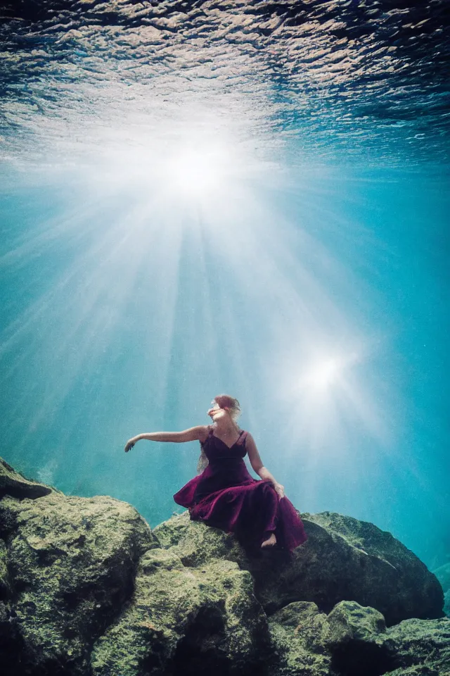 Prompt: underwater looking up, one woman sitting alone on a large rock in a deep trench , looking toward the sun rays and caustics, film , cinematic, underwater photography, low angle view, wide lens