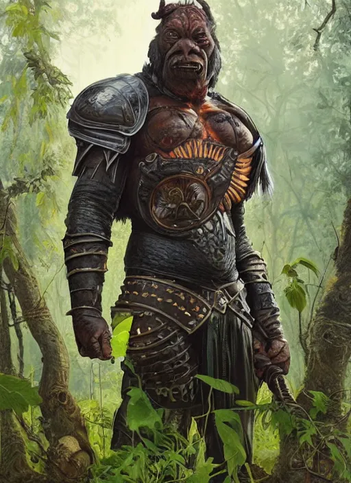 Image similar to a portrait painting of an elder male orc fighter in leather armour on a beautiful lush forest meadow, morning, art by Tristan Eaton, Stanley Artgerm, Tom Bagshaw, Greg Rutkowski, Carne Griffiths