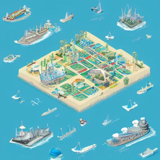 Prompt: a map of a technologically advanced city in a tropical island surrounded by water with a few ships stationed around it. isometric, art art nouveau, digital illustration, aerial