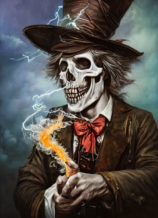 Image similar to Mad hatter big cloud of smoke, bottle of whisky, guitar, lightning,death tarot card,highly detailed,half skull face,cinematic,8k,by Stanley Artgermm,Tom Bagshaw,Greg Rutkowski,Carne Griffiths, Ayami Kojima, Beksinski, Giger,trending on DeviantArt,hyper detailed,horror, full of colour