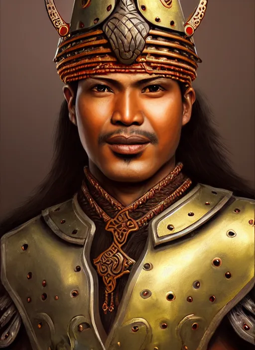Image similar to smart tai warlord, ayothaya, closeup portrait, without beard and mustache, historical hero, ethnic group, tai costume, tai traditional bronze headdress, intricate, with leather armor cross on bare chest, elegant, loin cloth, highly detailed, oil painting, artstation, concept art, matte, sharp focus, illustration, hearthstone, art by earl norem