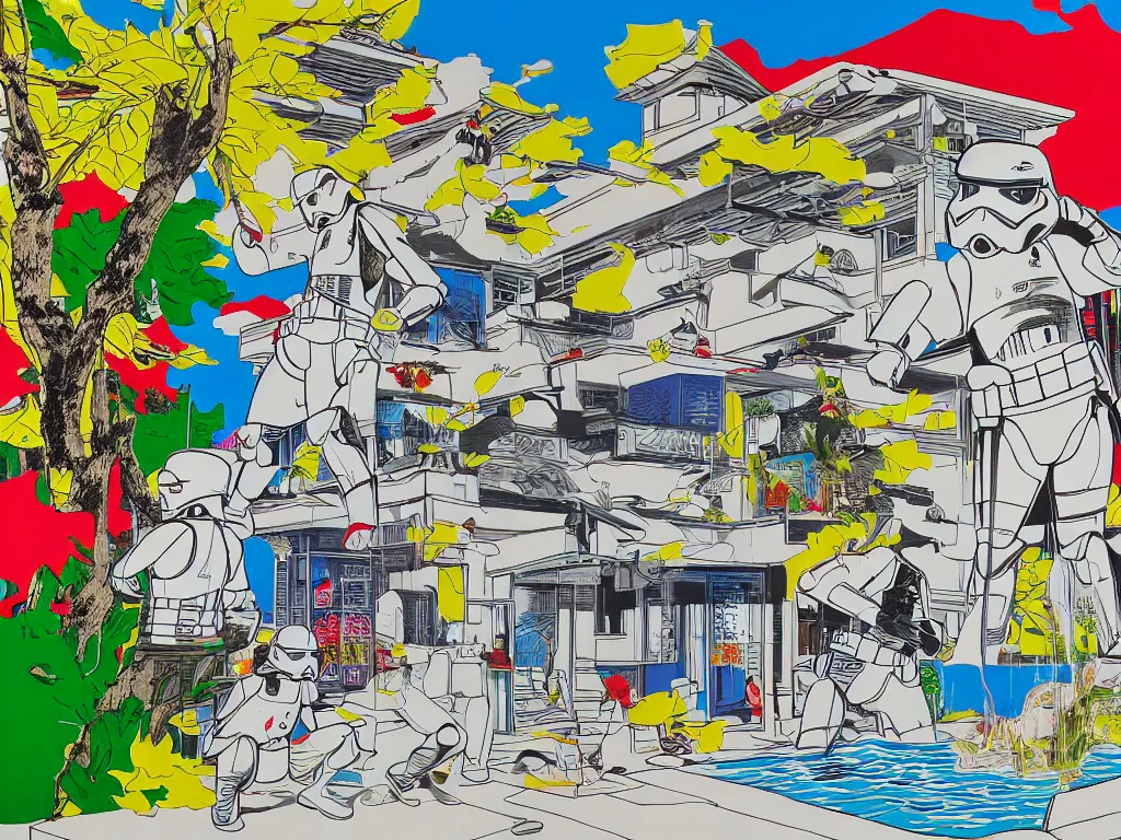 Image similar to hyperrealism composition of the japanese house with a hot springs in the garden, detailed stormtrooper in hot springs, pop - art style, jacky tsai style, andy warhol style, roy lichtenstein style, acrylic on canvas