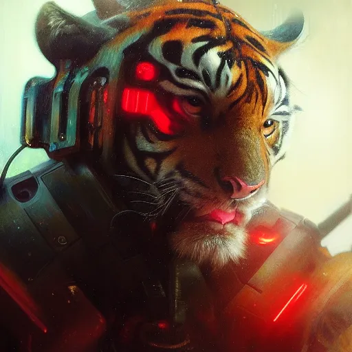 Prompt: hyperrealistic portrait of an athropomorphic tiger wearing heavy combat red - blue armor, bladerunner street, art of elysium by jeremy mann and alphonse mucha, fantasy art, photo realistic, dynamic lighting, artstation, poster, volumetric lighting, very detailed face, 4 k, award winning, cinematic lighting, deviantart, artstation, cg society