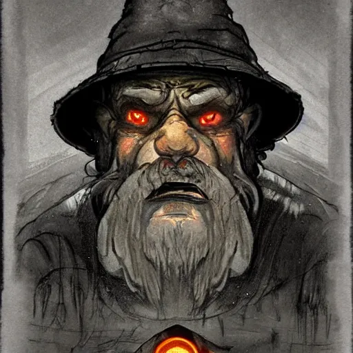 Image similar to an angry, grimy, dirty, grumpy [ old ], miner elf ( with red hat and a glowing latern ) in a pitch black mine, looks into the camera. angry kubrick stare, low key lighting, high contrast, faux painting, fairy tale illustration, character concept art by ivan bilibin, gustave dore and marc simonetti