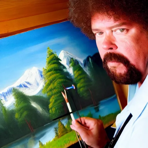 Prompt: a closeup photorealistic photograph of bob ross putting the finishing touches on a canvas painting of kenny powers. mountains and trees. film still. brightly lit scene. this 4 k hd image is trending on artstation, featured on behance, well - rendered, extra crisp, features intricate detail, epic composition and the style of unreal engine.