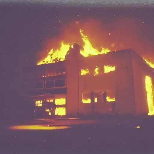 Prompt: grainy Polaroid photo of a burning building at night in Texas