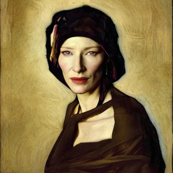 Image similar to cate blanchett by Annie Swynnerton and Nicholas Roerich and Vermeer, strong dramatic cinematic lighting , ornate headdress , lost civilizations, smooth, sharp focus, extremely detailed