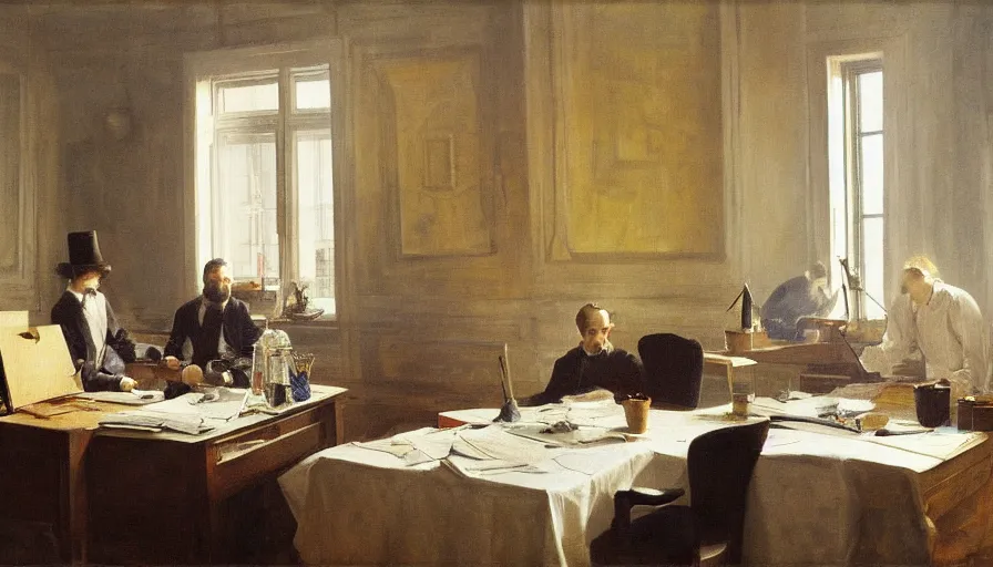 Image similar to painting of work table at a 20 century office, by Peder Krøyer, dramatic lighting, volumetric lighting, golden hour, epic, intricate detail, canvas print