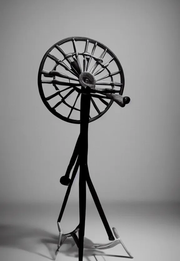 Image similar to a spinning wheel sitting on top of a stool, a surrealist sculpture by marcel duchamp, behance, fluxus, studio portrait, academic art, studio light