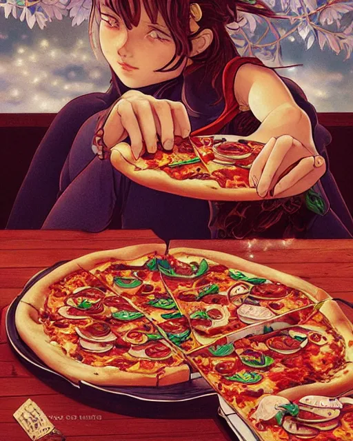Image similar to a girl cooking a pizza, full shot, visible face, ambient lighting, detailed, art by ayami kojima, makoto shinkai, kilian eng