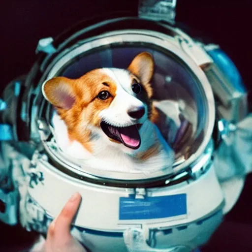 Prompt: a corgi in a space helmet floating in outer space