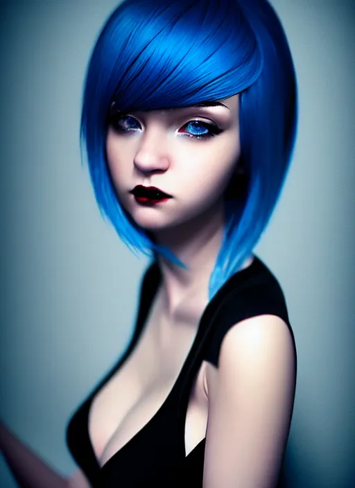 Image similar to hyper realistic photograph portrait of pretty girl with blue hair, wearing a little black dress, dramatic lighting by ilya kuvshinov