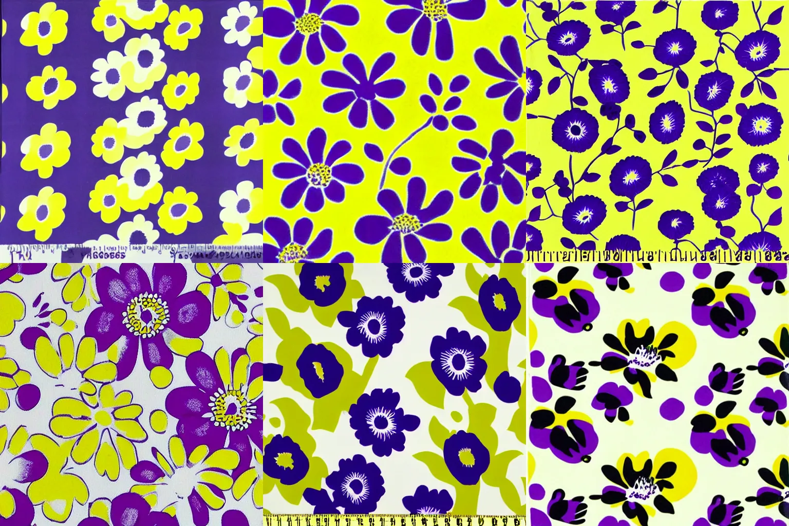 Prompt: marimekko passion flower vivid bright minimalist white yellow purple 1961