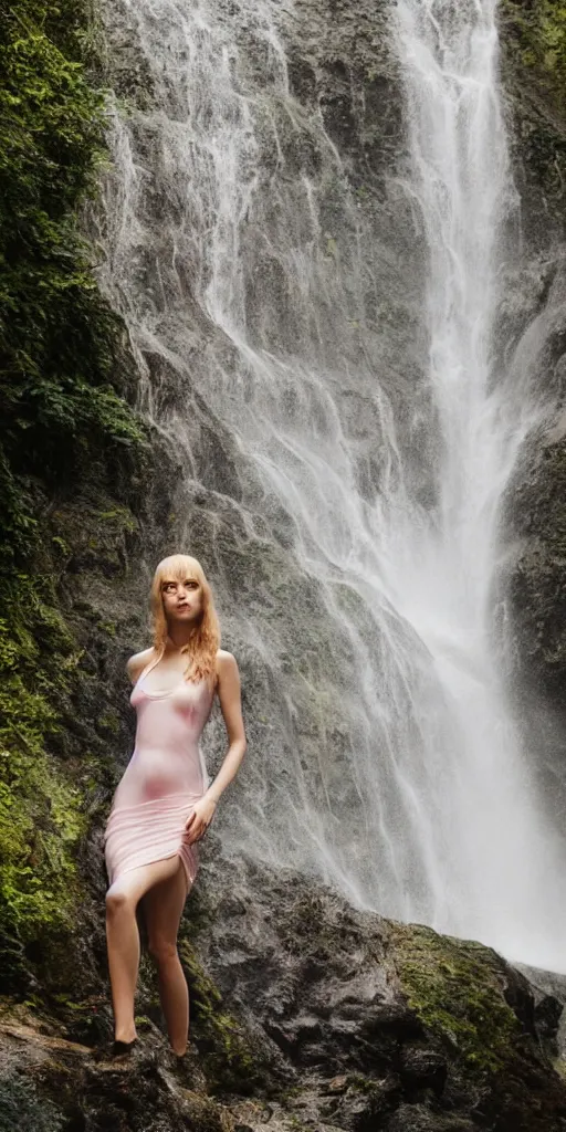 Prompt: a model wearing a translucent dress under a waterfall, natural lighting, by martine johanna