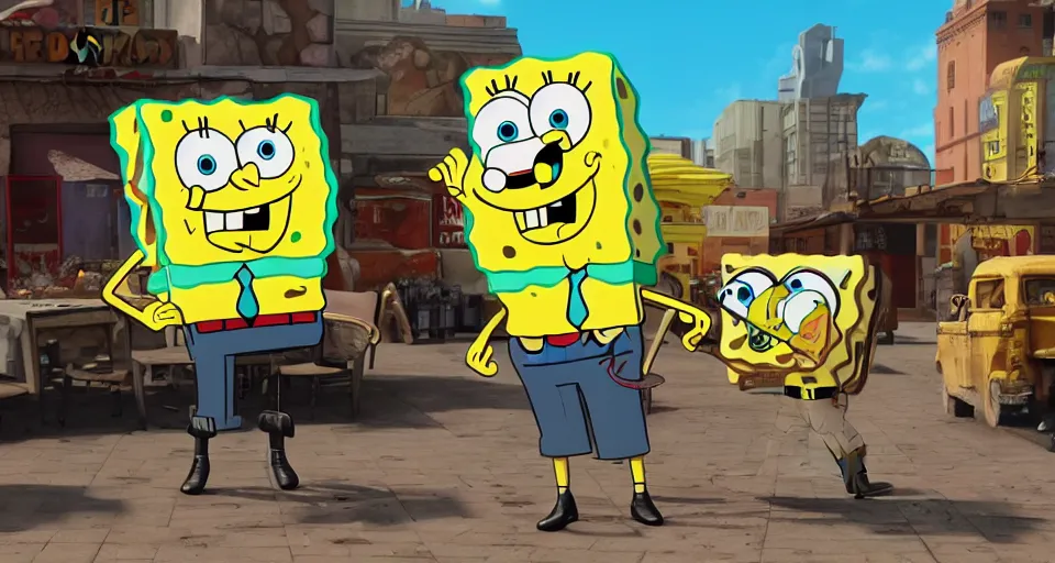 Image similar to spongebob as duke nukem, action movie poster, unreal engine, very detailed render