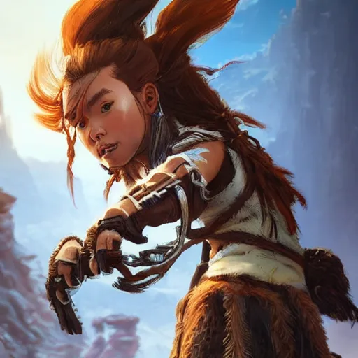 Image similar to wide shot, aloy from horizon zero dawn eating a bannana, digital art, highly detailed, digital painting, symmetry, concept art, sharp focus, illustration, art by artgerm! greg rutkowski magali villeneuve wlop! ilya kuvshinov!!, octane render