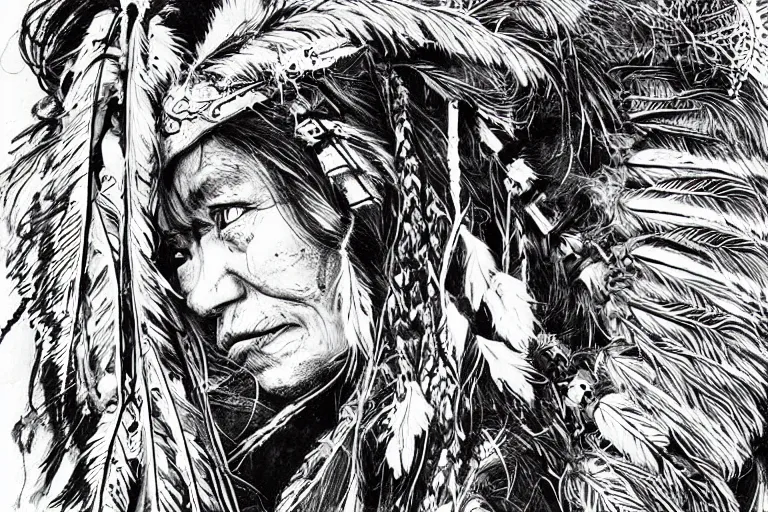 Image similar to strong native americans, beautiful line art, ink illustration, sketch, pure b&w