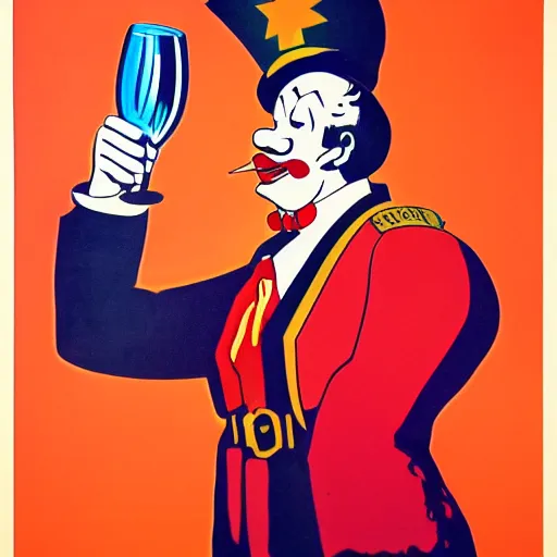 Image similar to communist clown drinking champagne, soviet propaganda, vivid colors, poster art style, detailed image, saturated colors, dominating red, detailer portrait, male face, very happy