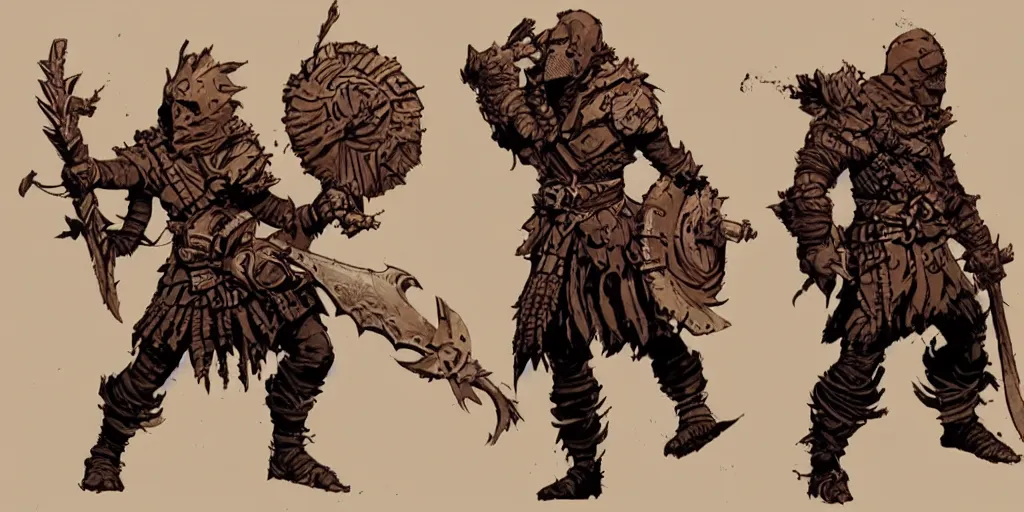 Prompt: warrior character design, idle, attack, sprite, darkest dungeon, pc game, sideview, art by moebius and greg rutkowski.