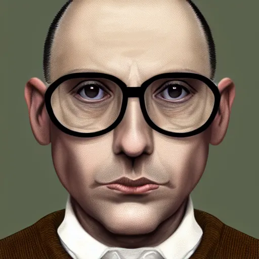 Prompt: 50 year old brunette man with very short hair, buzz cut, round round round face round face round face, square face, round jaw, big chin , romanian, silver glasses, romanian heritage, brown eyes, olive skin, round nose, round chin, clean shaven wide face, thin lips, digital art, painterly, painting, 8k, illustration, art by loish, painterly, trending on artstation, medium shot, uncropped