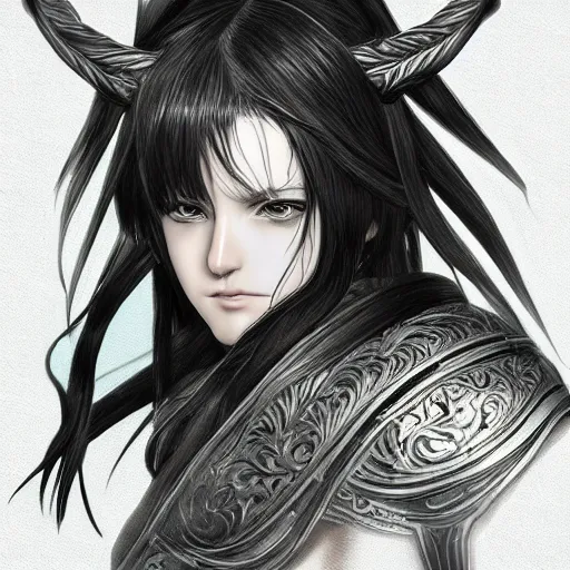 Image similar to realistic full body character design character design of an anime girl with long white hair wearing Elden Ring armor with engraving in the style of Yoji Shinkawa, noisy film grain effect, highly detailed, Renaissance oil painting, weird portrait angle, blurred lost edges, three quarter view