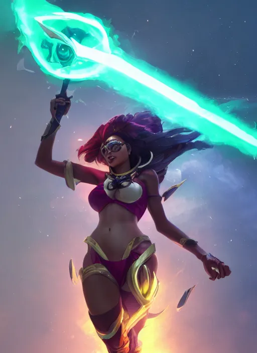 Prompt: senna from league of legends, au naturel, firing a giant weapon, brown skin, glowing green neon eyes, wearing white robe, digital art, trending in artstation, cinematic lighting, studio quality, smooth render, unreal engine 5 rendered, octane rendered, art style by klimt and nixeu and ian sprigger and wlop and krenz cushart