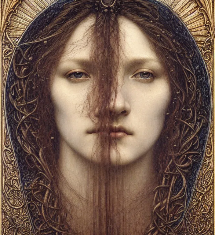 Image similar to detailed realistic beautiful young medieval queen face portrait by jean delville, gustave dore and marco mazzoni, art nouveau, symbolist, visionary, gothic, pre - raphaelite. horizontal symmetry