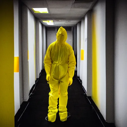 Image similar to a man wearing a yellow hazmat suit inside the backrooms, liminal space, flickering fluorescent lights, eerie mood