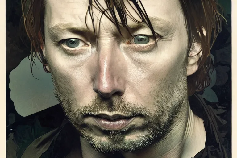 Image similar to hyper realistic portrait of thom yorke singer songwriter, side, liminal space, by lee bermejo, alphonse mucha and greg rutkowski