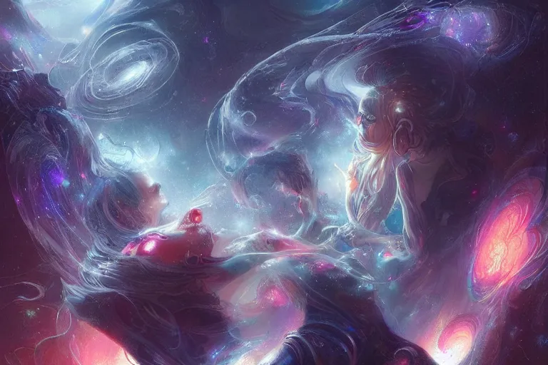 Image similar to faint ghostly people in a nebula of sound, arcs of fiery neon light, swirling mystical particles and musical notes floating, beautiful, intricate, highly detailed concept art by artgerm and greg rutkowski and android jones