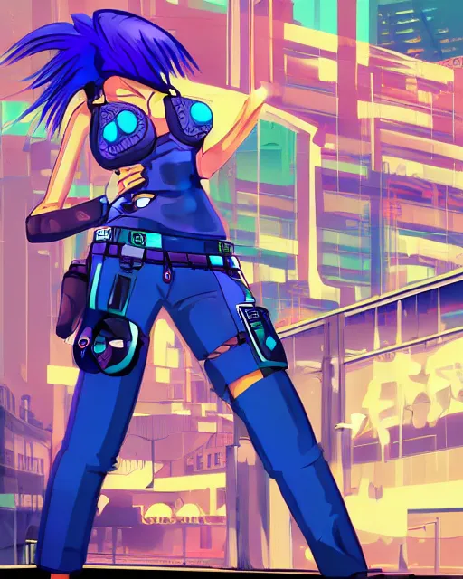 Image similar to cel shaded art of a pretty blue haired girl, jet grind radio graphics, cyberpunk city street background