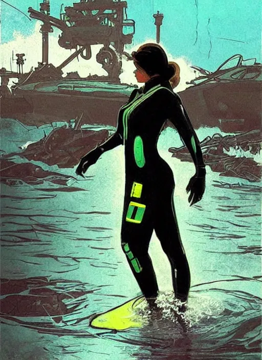 Image similar to Sonya. USN blackops operator emerging from water at the shoreline. Agent wearing Futuristic wetsuit and looking at an abandoned shipyard. rb6s, MGS, and splinter cell Concept art by James Gurney, Alphonso Mucha. Vivid color scheme.