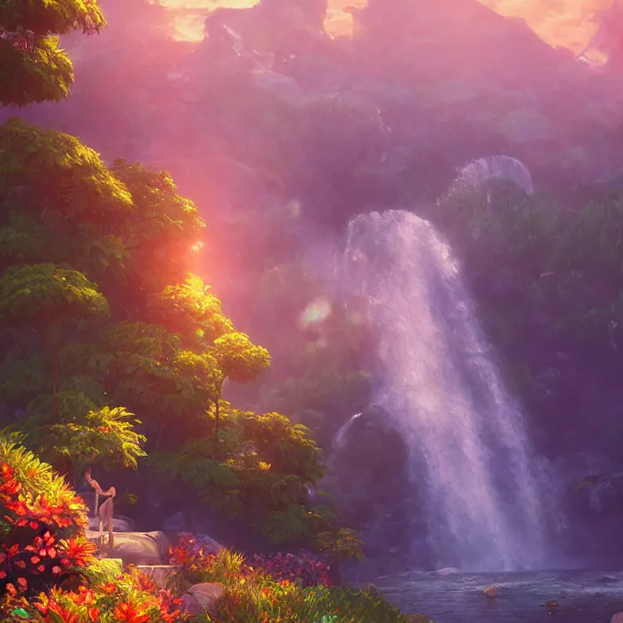 Image similar to an epic makoto shinkai and renoir landscape with a hawaiian waterfall, golden hour, 🌺, ultra smooth, octane render, lois van baarle, ilya kuvshinov, unreal engine, blender, trending on artstation, suntur, caleb worcester, highly detailed, photorealism, bloom effect