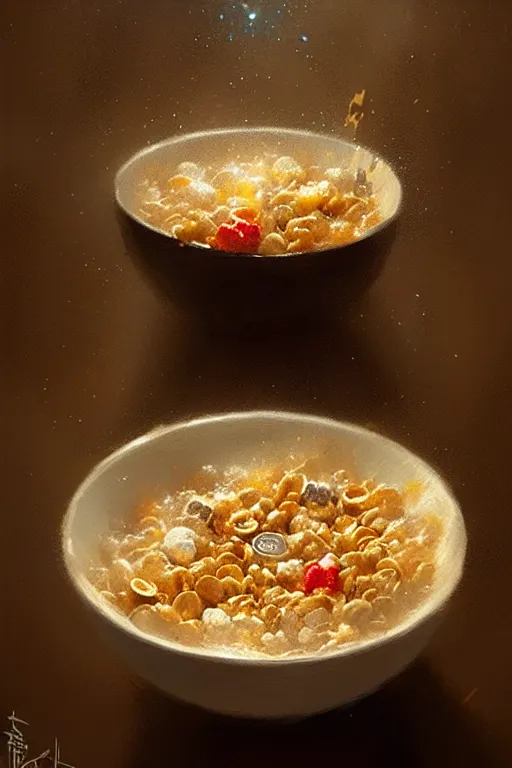 Image similar to greg rutkowski. godlike bowl of cereal