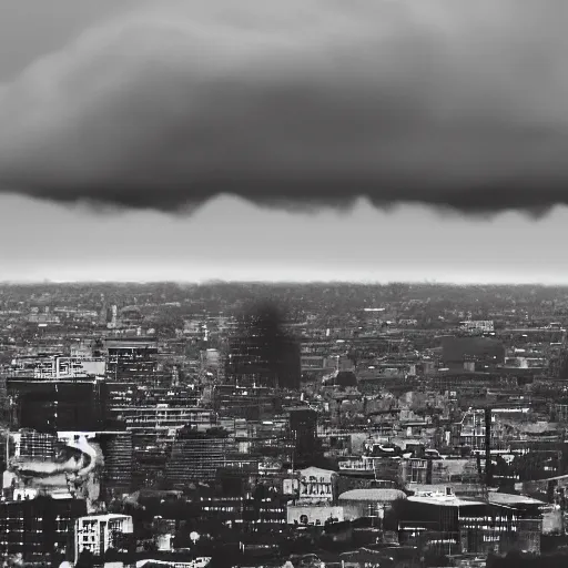 Prompt: A giant mechanical ring hovers horizontally above a city. The sky is dark and cloudy.