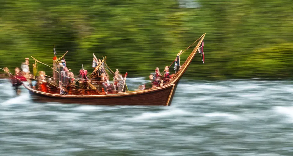 Prompt: a highspeed viking ship sailing down a river, f / 2. 8, motion blur