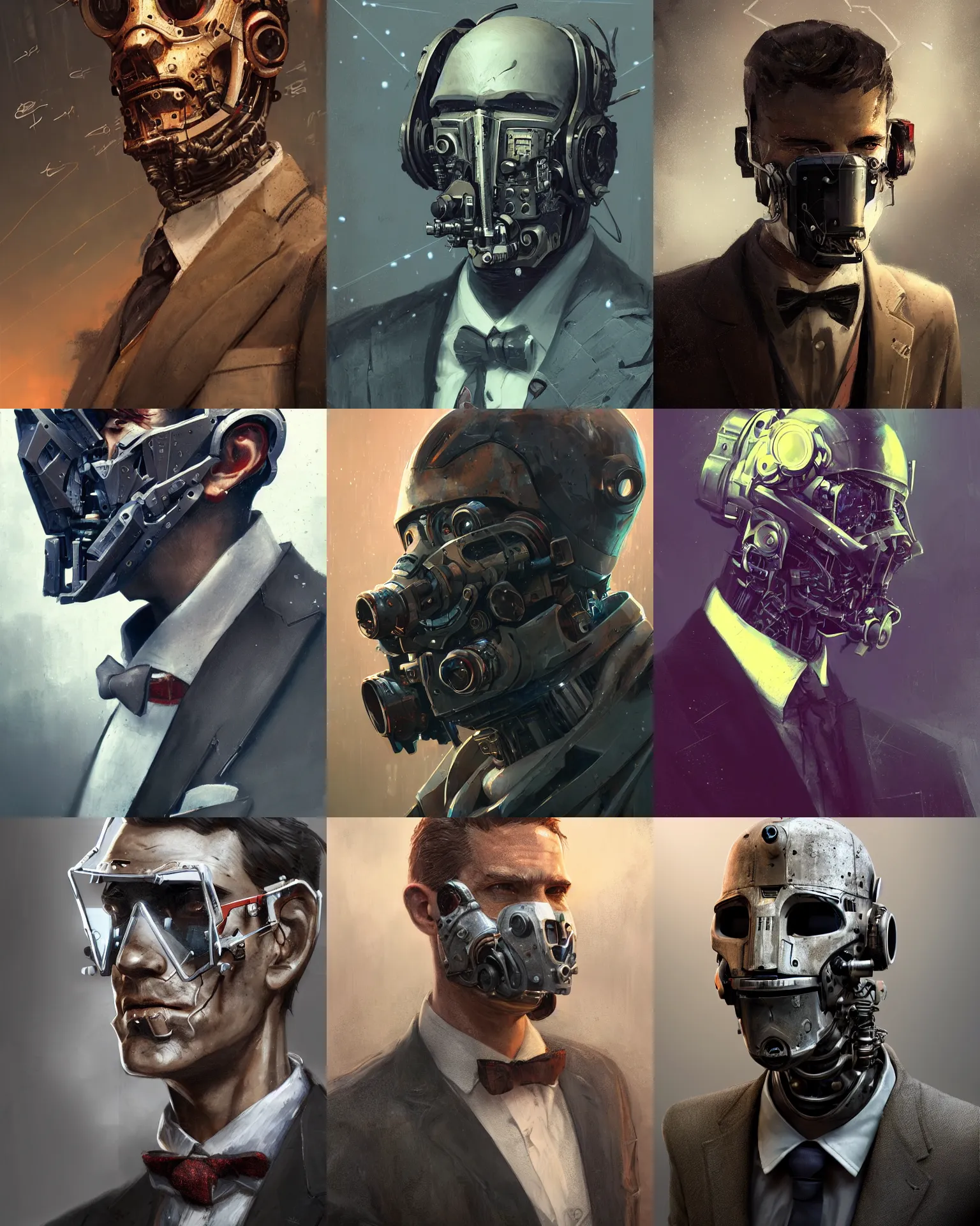 Image similar to a rugged young engineer man with cybernetic enhancements wearing a suit and bowtie, detailed mask, scifi character portrait by greg rutkowski, esuthio, craig mullins, 1 / 4 headshot, cinematic lighting, dystopian scifi gear, gloomy, profile picture, mechanical, half robot, implants, steampunk