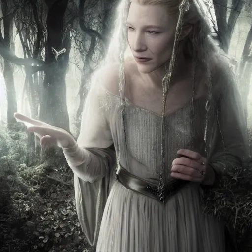 Prompt: portrait of ((mischievous)), baleful young (Cate Blanchett) as Galadriel as a queen of fairies, dressed in a beautiful silver dress. The background is a dark, creepy eastern europen forrest. night, horroristic shadows, high contrasts, lumnious, photorealistic, dreamlike, (mist filters), theatrical, character concept art by John Anster Fitzgerald, thomas kinkade, and J.Dickenson, trending on Artstation