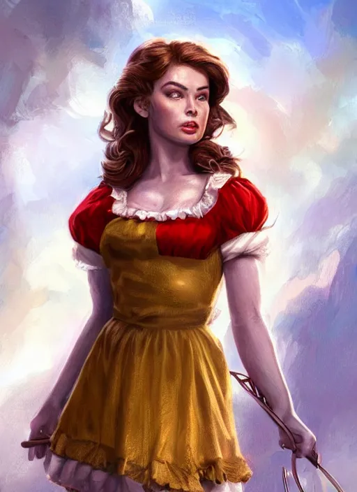 Image similar to beautiful female dorothy gale, rebecca romijn as dorothy, full body character concept, full steel armor, super powers, fantasy, intricate, elegant, highly detailed, digital painting, artstation, concept art, shining, sharp focus, illustration, art by stanley lau