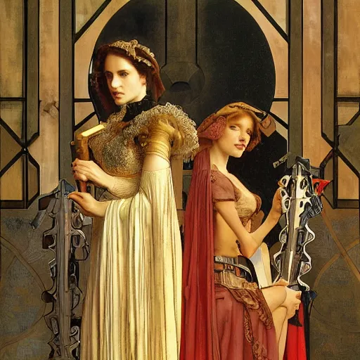 Prompt: engraving full figure portrait of natalie portman and scarlet johansson, with robots guards, in medieval armoury, painted by alphonse mucha, albrecht durer, jean delville, alphonse mucha, jan van eyck, da vinci