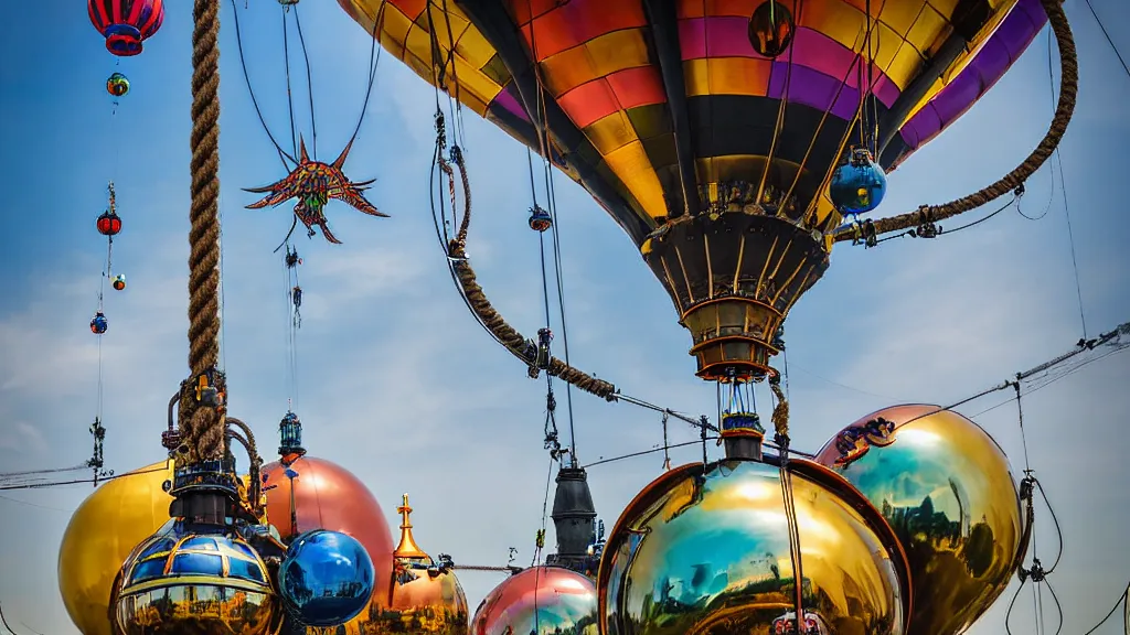 Image similar to large colorful futuristic space age metallic steampunk steam - powered balloons with pipework and electrical wiring around the outside, and people on rope swings underneath, flying high over the beautiful moscow city landscape, professional photography, 8 0 mm telephoto lens, realistic, detailed, photorealistic, photojournalism