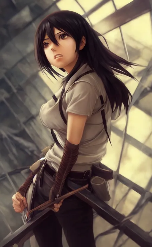 Image similar to mikasa ackerman, hero pose, medium shot, bokeh, beautiful face!!!!, 2 7 years old, cg animation, lifelike, animated, realistic, character select portrait, by artgerm, greg rutkowski, alphonse mucha, 3 d