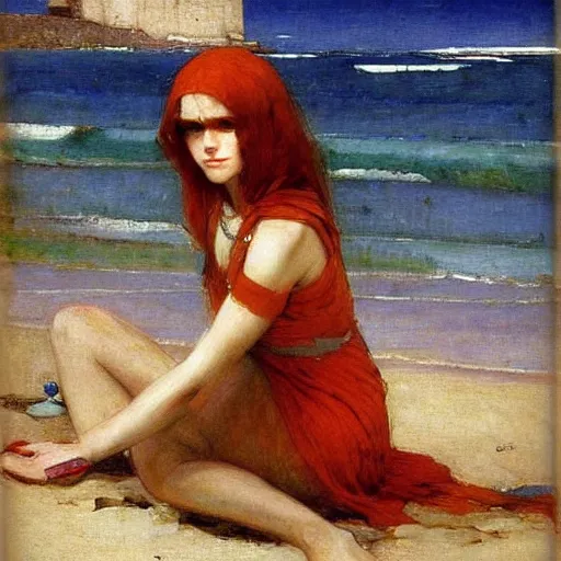 Image similar to a very beautiful futuristic girl on the beach drawn by john william waterhouse