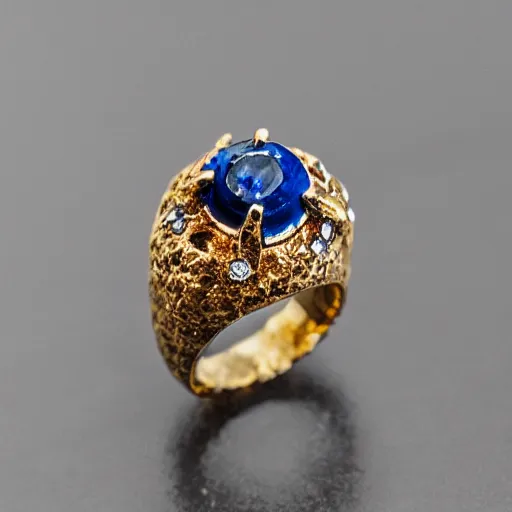 Prompt: close up photo of a gold ring with sapphires embedded into it, complex, high detail