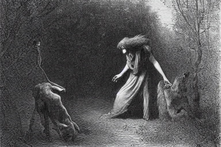 Prompt: werewolf in the garden hunting young french woman, Gustave Dore lithography