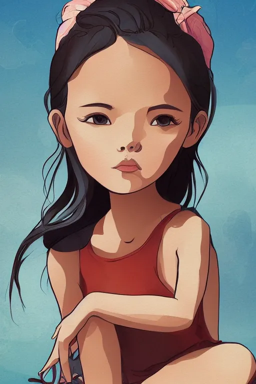 Image similar to a little girl sit beach. clean cel shaded vector art. illustration art by lois van baarle and helen huang and artgerm