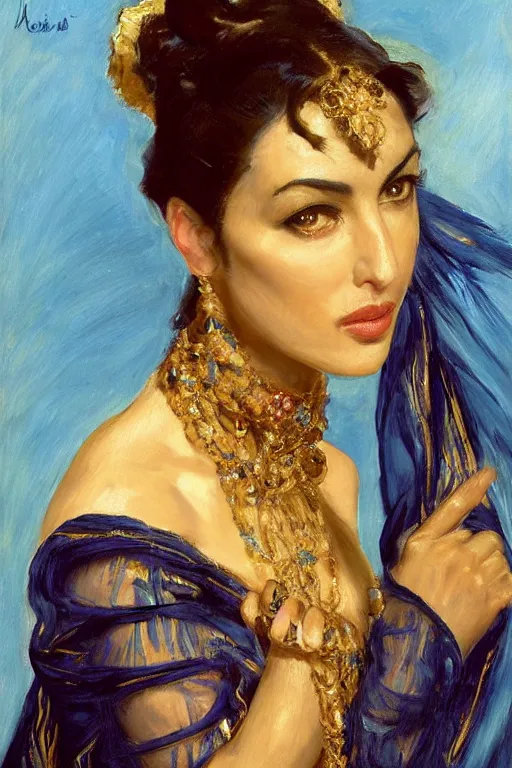 Prompt: monica bellucci as a persian girl with arabesque blue and golden detailed scarf near and mexican palms, painting by john singer sargent