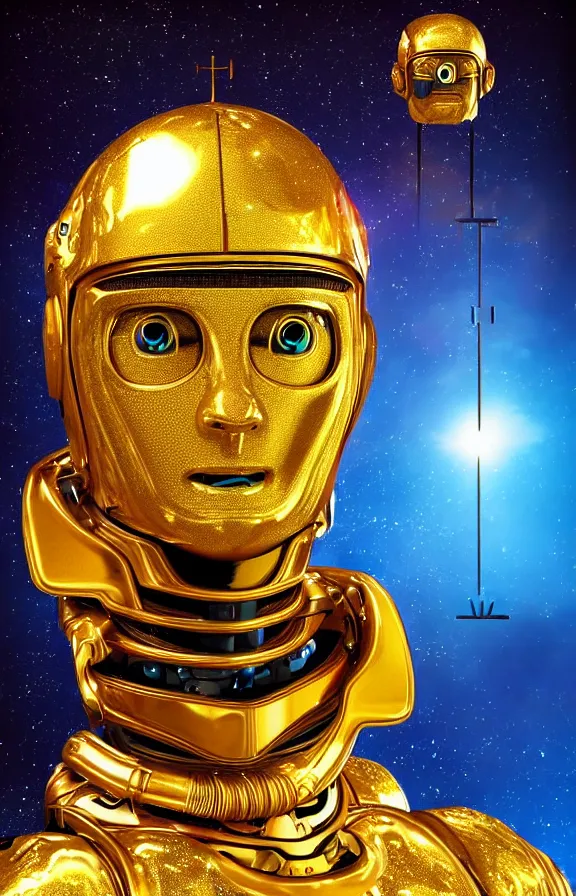 Image similar to portrait of a robot humanoid alien with golden armature, Lionel Messi face and medieval helmet. Galactic iridescent background in the style of Tim white and moebius
