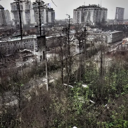 Prompt: photo of an overgrown Moscow in ruins